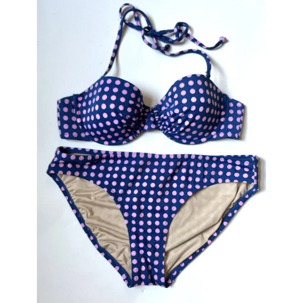 J.Crew Bikini Set 34B Small Navy Pink Polka Dot Underwire Halter